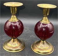2 Antique/VTG Ruby Red Brass Candle Holders