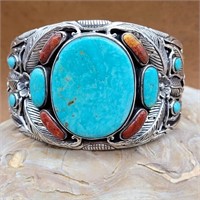 SOUTHWESTERN STERLING TURQUOISE & CORAL CUFF