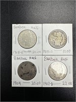 4x Barber half dollar coins Silver US