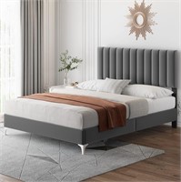 Queen Velvet Upholstered Platform Bed, Grey