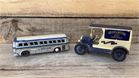 Coin, bank and old Greyhound bus