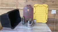 Merriman board, metal cans glass bottle and tote