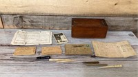 Old wooden box with postage card with stamp