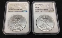 (2) 2021 SILVER AMERICAN EAGLES, TYPE 2, MS70, 1