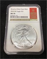 2022 SILVER AMERICAN EAGLE, TYPE 2 MS70, WEST