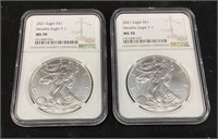 (2) 2021 SILVER AMERICAN EAGLES, TYPE 1 MS70,