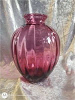Cranberry colored Fenton ribbed glass vase