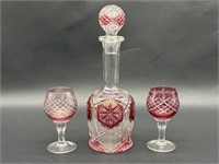 imperial Cranberry Cut Glass Decanter and Goblets