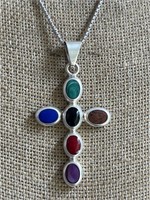 Sterling Silver Cross Necklace With Semi Precious
