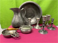 Pewter Candle Sticks, Pitcher, Bowl, Cups
