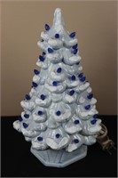 Blue Ceramic Christmas Tree w/ Snow & Blue Lights