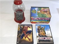 Gum Ball Machine & DVD's Spider Man, Dora, Elmo,