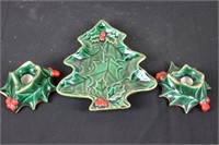 Christmas Tree Dish w/ Holly Berry Candlestick Hol