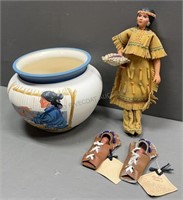 Native American Porcelain Doll & Babies & Bowl