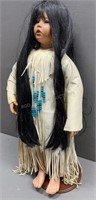 Native American Porcelain Doll & Wood Stand