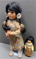 Native American Porcelain Doll & Baby with Stand