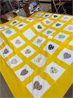 Hand Sown Heart Pendant Yellow White Quilt Top