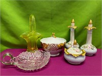 Yellow Vaseline Glass Basket, Cruets & Powder Jar