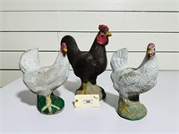 Painted Concrete Rooster & 2 Hens