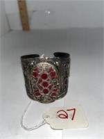 Turkmen Silver Cuff with red stone