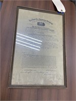 Framed Hartford Fire Insurance Co Certificate