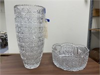 2 pcs Cut Glass-Vase 14" & Bowl 10"Dia