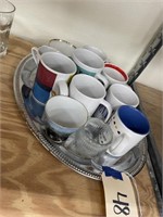 Metal Serving Tray w/Misc Cups approx 10