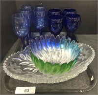 Cut & Pressed Glassware, Blue Wine Glasses.