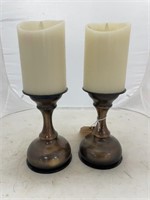Pair Metal Candle Stands 7" w/Elec Candles