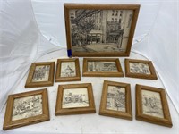 8 pcs-Small Wooden Framed Pencil Drawings