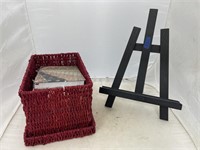 Small Wooden Easel Wicker Basket w/Contents