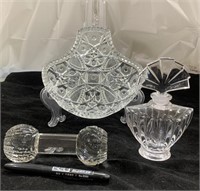 Clear Glass Perfume Bottle, knife rest & Dish