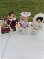 3 Porcelain Dolls Eskimo Girl With Cart and Belle