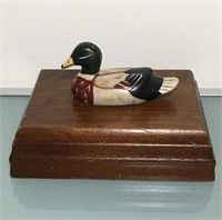 Vintage Wood Card Box With Stone Duck On Top