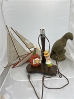 Wooden Sail Boat, Music Box Table Lamp w/No S