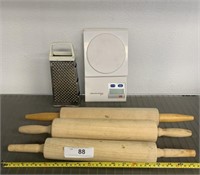 3 rolling pins, scale, grader