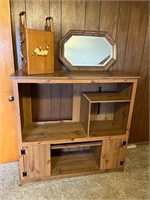 Media Cabinet, Wall Mirror, & Wooden Trash Can