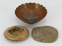 Stone Ashtray, Fossil & Brass Bowl