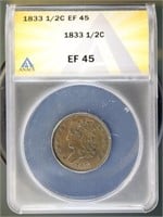 US Coins 1833 Classic Head Half Cent EF45 ANACS