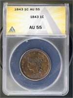 US Coins 1843 Braided Hair Large Cent AU55 ANACS