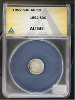 US Coins 1852 Silver 3 Cent Piece AU50 ANACS