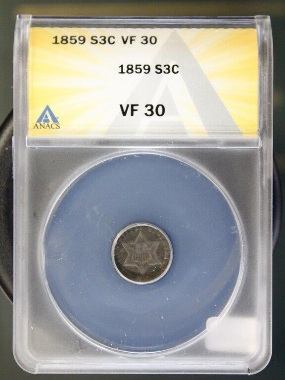 US Coins 1859 Silver 3 Cent Piece VF30 ANACS