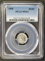 US Coins 1858 Seated Liberty Half Dime MS62 PCGS
