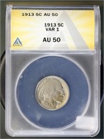 US Coins 1913 Buffalo Nickel Type 1 AU50 ANACS