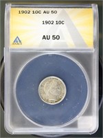 US Coins 1902 Barber Dime AU50 ANACS