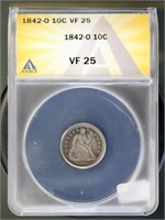 US Coins 1842-O Seated Liberty Dime VF25 ANACS