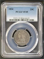 US Coins 1834 Capped Bust Quarter VF35 PCGS