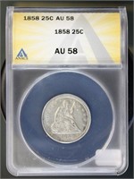 US Coins 1858 Seated Liberty Quarter AU58 ANACS