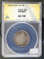 US Coins 1916 Barber Quarter AU58 ANACS