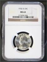 US Coins 1932-D Washington Quarter MS63 NGC
